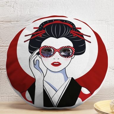Gözlüklü Cool Japon Kadın Desenli Yuvarlak Yastık Kılıfı