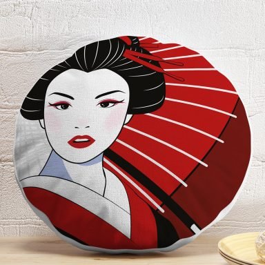 Kırmızı Temalı Japon Kadın Motifli Yuvarlak Kırlent Kılıfı
