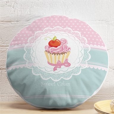 Cup Cake Dijital Baskılı Dekoratif Yuvarlak Yastık Kırlent Kılıfı