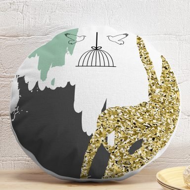 Kafes Ve Kuş Motifli Gold Modern Motifler Dijital Baskılı Modern Yuvarlak Yastık Kırlent Kılıfı
