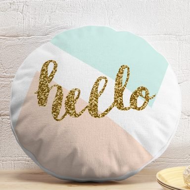 Gold Hello Yazılı Modern Motifler Dijital Baskılı Modern Yuvarlak Yastık Kırlent Kılıfı