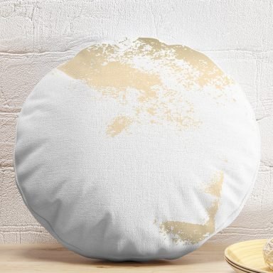 Beyaz Zeminde Gold Detaylı Dijital Baskılı Modern Yuvarlak Yastık Kırlent Kılıfı