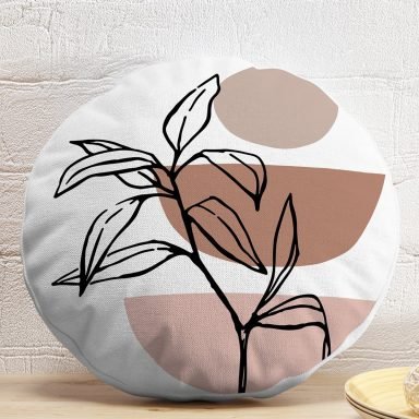 Geometrik Desenli Yaprak Motifli Dijital Baskılı Modern Yuvarlak Yastık Kırlent Kılıfı