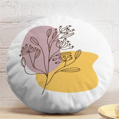 Sarı Pudra Renkli İnce Dal Motifli Dijital Baskılı Modern Yuvarlak Yastık Kırlent Kılıfı