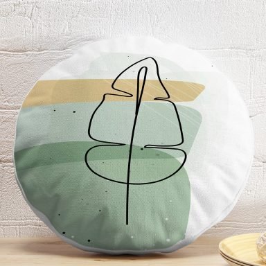 Pastel Renkli Zemin Üzerine Onedraw Yaprak Çizimli Dijital Baskılı Modern Yuvarlak Yastık Kırlent Kılıfı
