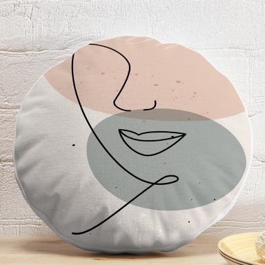 Pastel Renkli Zemin Üzerine Onedraw Çizimli Dijital Baskılı Modern Yuvarlak Yastık Kırlent Kılıfı