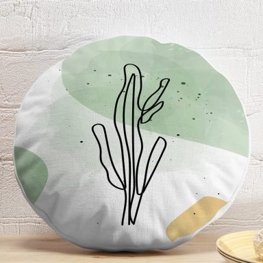 Soft Renkli Onedraw Yaprak Temalı Dijital Baskılı Modern Yuvarlak Yastık Kırlent Kılıfı