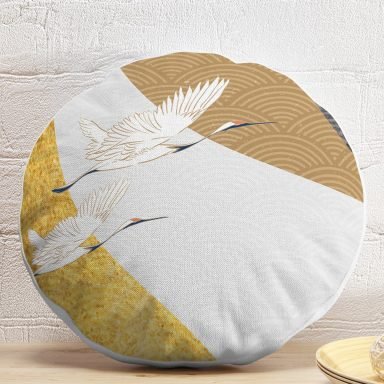 Renkli Zeminde Leylek Desenli Dijital Baskılı Modern Yuvarlak Yastık Kırlent Kılıfı