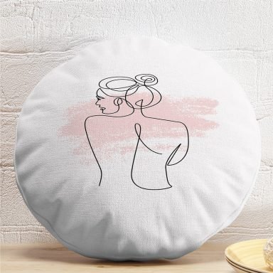 Beyaz Zeminde Bayan Desenli Dijital Baskılı Modern Yuvarlak Yastık Kırlent Kılıfı