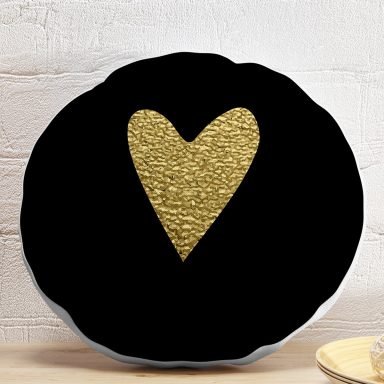 Siyah Zeminde Çoklu Gold Kalp Desenli Dijital Baskılı Modern Yuvarlak Yastık Kırlent Kılıfı