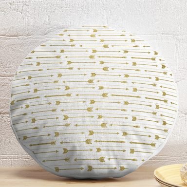 Beyaz Zeminde Gold Ok Motifli Dijital Baskılı Modern Yuvarlak Yastık Kırlent Kılıfı