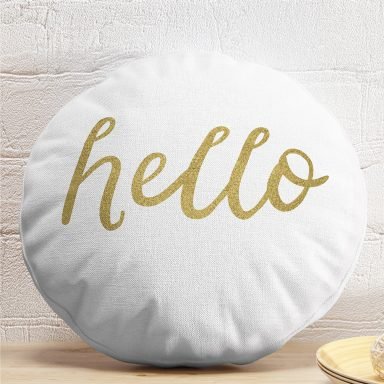 Beyaz Zeminde Gold Hello Yazılı Dijital Baskılı Modern Yuvarlak Yastık Kırlent Kılıfı
