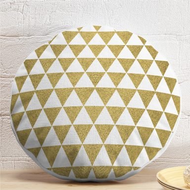 Beyaz Zeminde Gold Üçgen Desenli Dijital Baskılı Modern Yuvarlak Yastık Kırlent Kılıfı