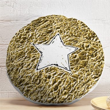 Gold Zeminli Beyaz Yıldız Desenli Dijital Baskılı Modern Yuvarlak Yastık Kırlent Kılıfı