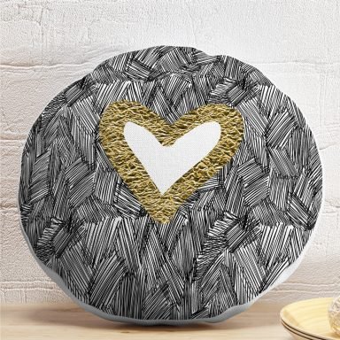 Siyah Onedraw Çizimli Gold Renkli Kalp Desenli Dijital Baskılı Modern Yuvarlak Yastık Kırlent Kılıfı