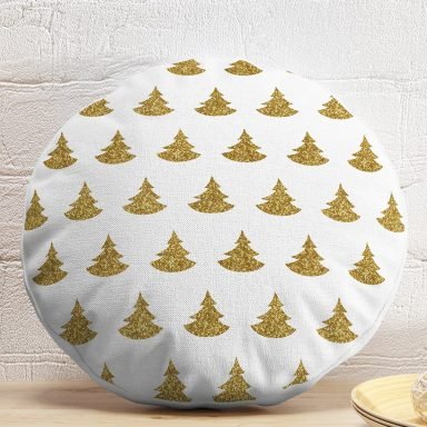 Beyaz Zeminde Gold Renkli Çam Ağacı Desenli Dijital Baskılı Modern Yuvarlak Yastık Kırlent Kılıfı