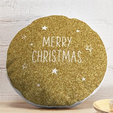 Gold Zeminde Merry Christmas Yazılı Dijital Baskılı Modern Yuvarlak Yastık Kırlent Kılıfı