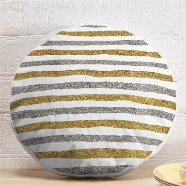 Beyaz Zeminde Gold Ve Siyah Çizgili Dijital Baskılı Modern Yuvarlak Yastık Kırlent Kılıfı