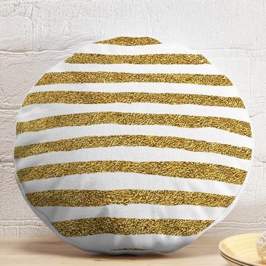 Beyaz Zeminde Gold Zikzak Desenli Dijital Baskılı Modern Yuvarlak Yastık Kırlent Kılıfı