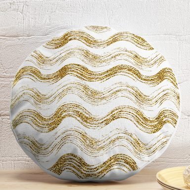 Beyaz Zeminde Gold Çizgili Dijital Baskılı Modern Yuvarlak Yastık Kırlent Kılıfı
