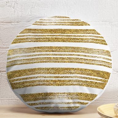 Beyaz Zeminde Gold Renkli Yaprak Desenli Dijital Baskılı Modern Yuvarlak Yastık Kırlent Kılıfı