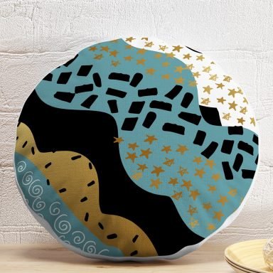 Siyah Beyaz Zeminde Gold Detaylı Renkli Çizim Dijital Baskılı Modern Yuvarlak Yastık Kırlent Kılıfı