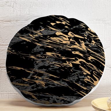 Gri Siyah Zemin Üzerinde Gold Detaylı Çizim Desenli Dijital Baskılı Modern Yuvarlak Yastık Kırlent Kılıfı