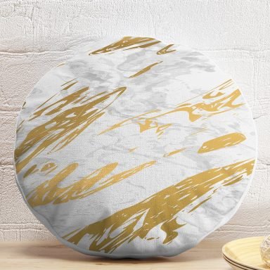 Gri Beyaz Zemin Üzerinde Gold Detaylı Çizim Desenli Dijital Baskılı Modern Yuvarlak Yastık Kırlent Kılıfı
