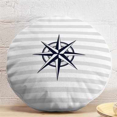 Gri Beyaz Zeminde Pusula Desenli Dijital Baskılı Modern Yuvarlak Yastık Kırlent Kılıfı
