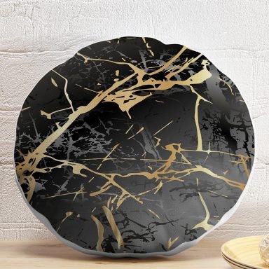 Siyah Zeminde Gold Renkli Çizim Desenli Dijital Baskılı Modern Yuvarlak Yastık Kırlent Kılıfı