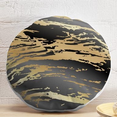Siyah Zeminde Gold Renkli Çizim Desenli Dijital Baskılı Modern Yuvarlak Yastık Kırlent Kılıfı