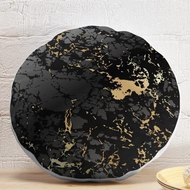 Siyah Zeminde Gold Renkli Çizim Desenli Dijital Baskılı Modern Yuvarlak Yastık Kırlent Kılıfı