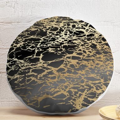Siyah Zeminde Gold Renkli Çizim Desenli Dijital Baskılı Modern Yuvarlak Yastık Kırlent Kılıfı