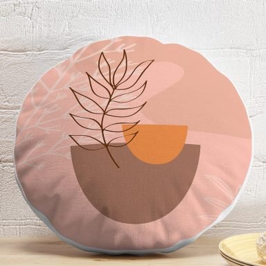 Pudra Zeminde Onedraw Çizimli Yaprak Desenli Dijital Baskılı Modern Yuvarlak Yastık Kırlent Kılıfı