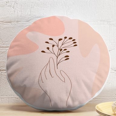 Pudra Zeminde Onedraw Çizimli Yaprak Desenli Dijital Baskılı Modern Yuvarlak Yastık Kırlent Kılıfı