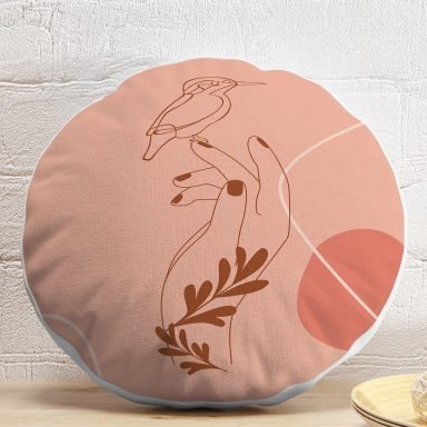 Pudra Zeminde Onedraw Çizimli Yaprak Desenli Dijital Baskılı Modern Yuvarlak Yastık Kırlent Kılıfı