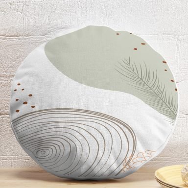 Beyaz Zeminde Onedraw Çizimli Yaprak Desenli Dijital Baskılı Modern Yuvarlak Yastık Kırlent Kılıfı