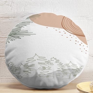 Beyaz Zeminde Onedraw Çizimli Yaprak Desenli Dijital Baskılı Modern Yuvarlak Yastık Kırlent Kılıfı