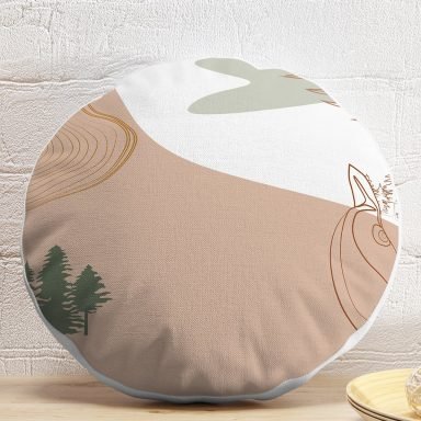 Pastel Renkli Onedraw Yaprak Resimli Dijital Baskılı Modern Yuvarlak Yastık Kırlent Kılıfı