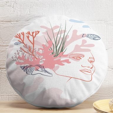 Beyaz Zemin Üzerinde Botanical Face Dijital Baskılı Modern Yuvarlak Yastık Kırlent Kılıfı