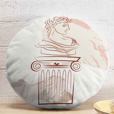 Beyaz Zeminde Onedraw Çizimli Antik Desenli Dijital Baskılı Modern Yuvarlak Yastık Kırlent Kılıfı
