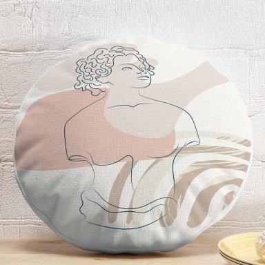 Renkli Zeminde Antik Motifli Onedraw Çizim Dijital Baskılı Modern Yuvarlak Yastık Kırlent Kılıfı