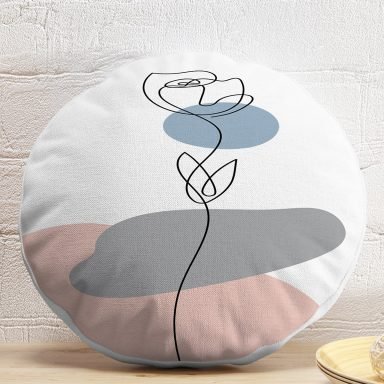 Beyaz Zeminde Onedraw Çizimli Gül Motifli Dijital Baskılı Modern Yuvarlak Yastık Kırlent Kılıfı