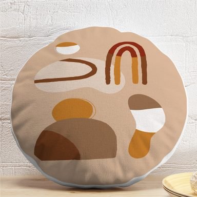 Renkli Zeminde Onedraw Çizimli Oval Desenli Dijital Baskılı Modern Yuvarlak Yastık Kırlent Kılıfı