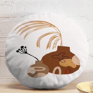 Beyaz Zeminde Onedraw Çizimli Vazo Desenli Dijital Baskılı Modern Yuvarlak Yastık Kırlent Kılıfı