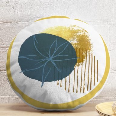 Beyaz Zeminde Gold Çerçeve İçinde Oval Desenli Dijital Baskılı Modern Yuvarlak Yastık Kırlent Kılıfı