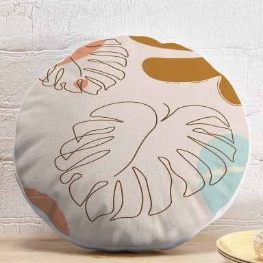Renkli Zeminli Onedraw Çizimli Yaprak Desenli Dijital Baskılı Modern Yuvarlak Yastık Kırlent Kılıfı