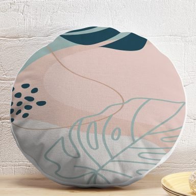 Renkli Zeminli Yaprak Desenli Dijital Baskılı Modern Yuvarlak Yastık Kırlent Kılıfı