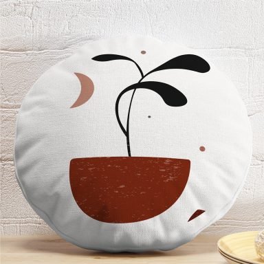 Renkli Zeminli Onedraw Çizimli Yaprak Desenli Dijital Baskılı Modern Yuvarlak Yastık Kırlent Kılıfı