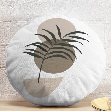 Renkli Zeminli Onedraw Çizimli Yaprak Desenli Dijital Baskılı Modern Yuvarlak Yastık Kırlent Kılıfı